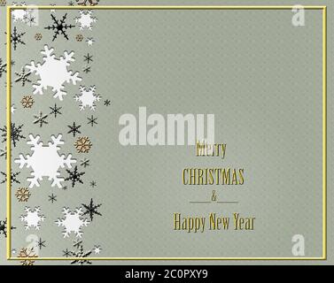 Joyeux Noël et joyeux texte du nouvel an sur fond de Noël en couleur vert pastel avec des flocons de neige noirs blancs dorés brillants. Carte de vœux de Noël, bannière des fêtes, poster Web. Illustration Banque D'Images