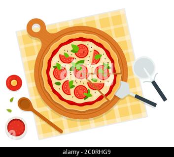 Pizza délicieuse et chaude de margherita. Illustration vectorielle de style plat isolée sur fond blanc. Illustration de Vecteur