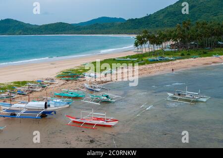 Des bateaux et des palmiers à la plage de sable en face de ocean Banque D'Images