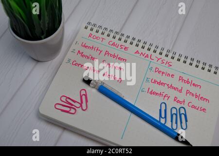 Analyse de la cause racine écrire sur un livre avec des mots-clés isolé table en bois. Banque D'Images