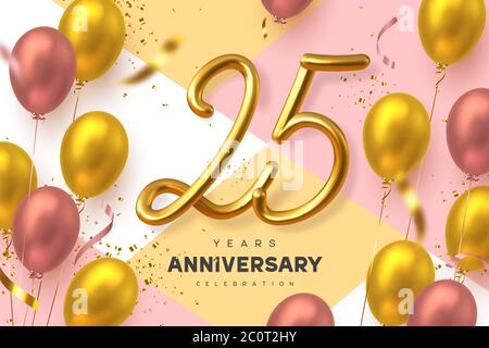 Joyeux Anniversaire 25 Ans Carte De Vœux Festivites Du 25e Anniversaire De Modele Vingt Cinq Et Le Numero De Morceau De Gateau De Fete Avec Bougie Ballon Et Gif Image Vectorielle Stock