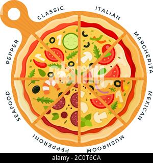 Tranches de pizza avec différentes garnitures : italien, margarita, mexicain, champignons, pepperoni, fruits de mer, poivre, classique. Illustration vectorielle Illustration de Vecteur