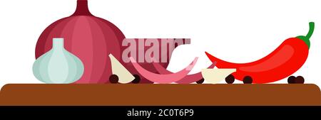 Oignon rouge, ail, piment rouge et poivre noir sur un panneau de bois vue latérale plat simple icône vecteur Illustration de Vecteur