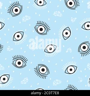 Motif de répétition sans couture avec yeux blancs et noirs et points blancs. Idéal pour le textile, le papier peint et le design intérieur. Illustration de Vecteur