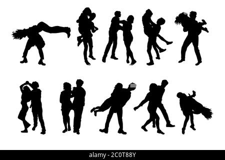 Ensemble de silhouettes de couples dansants isolées sur fond blanc.personnes sur la fête de danse de rue.jeunes couples dansant rocknroll.stock illustration vectorielle Illustration de Vecteur