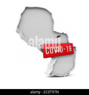 Paraguay carte 3D simple avec Covid-19 Red label 3D Rendering. Banque D'Images