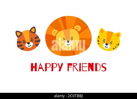 Joyeux grands amis chats. Têtes de tigre, lion et léopard avec inscription. Illustration vectorielle de style plat Illustration de Vecteur