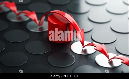 Flèches passant sur un obstacle rouge, fond noir. Concept de surmonter les obstacles et d'aller de l'avant malgré les difficultés. Illustration 3D. Banque D'Images