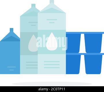 Emballages de lait, kéfir, babeurre, lait fermenté et yaourt dans un récipient en plastique isolé à plat Illustration de Vecteur