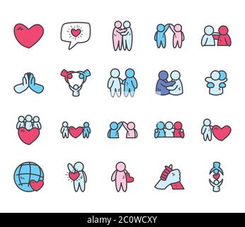 Avatars personnes amis ligne et remplir style icône ensemble design de l'amitié et l'amour thème illustration vectorielle Illustration de Vecteur