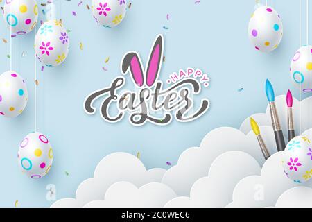 Bannière joyeuses Pâques avec œufs suspendus peints. Illustration de Vecteur