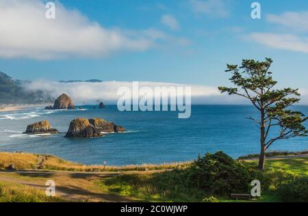 Vue panoramique sur Haystack Rock et Cannon Beach avec brouillard venant à terre comme vu du parc national Ecola dans l'Oregon Banque D'Images