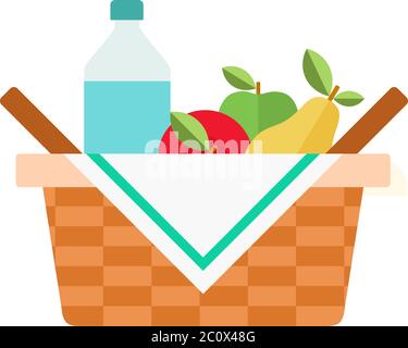 Panier pique-nique avec fruits et vecteur d'eau icône plate isolée Illustration de Vecteur
