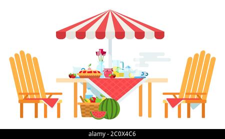 Illustration d'une table de pique-nique d'été et de chaises sous un parapluie vecteur icône plat isolé Illustration de Vecteur