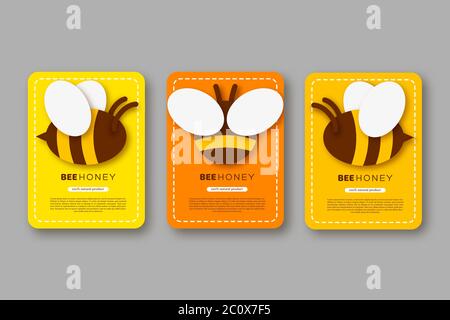 Jeu d'étiquettes ou d'autocollants avec papier coupé style abeille. Modèle de conception pour l'apiculture et le produit de miel. Fond jaune et orange, vecteur Illustration de Vecteur
