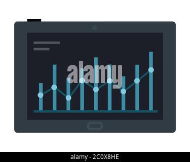 Icône vectorielle plate de tablette avec données statistiques présentées sous forme de graphiques et de graphiques numériques. Illustration de Vecteur