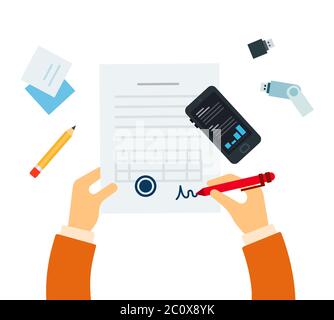 Homme d'affaires tenant un stylo pour signer le contrat. Illustration de Vecteur