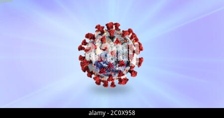 Coronavirus ou grippe COVID-19, virus 3D rendu médical illustration. Danger maladie de santé publique. Le concept de pandémie, y compris les éléments du domaine public des CDC. Banque D'Images