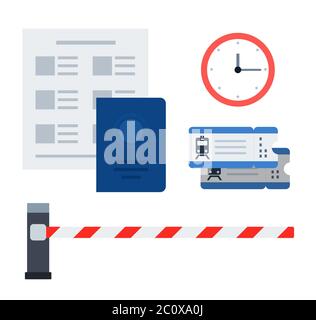 Définissez des icônes vectorielles pour l'équipement de tramway et les documents du conducteur et du passager dans un format plat. Illustration de Vecteur