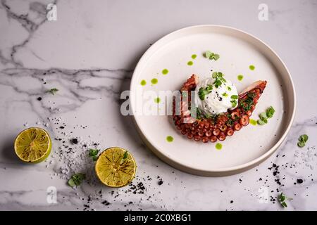 Gros plan de la plaque de topus grillée servie avec des légumes verts et de la salade de tomates sur une plaque blanche en douceur en arrière-plan Banque D'Images