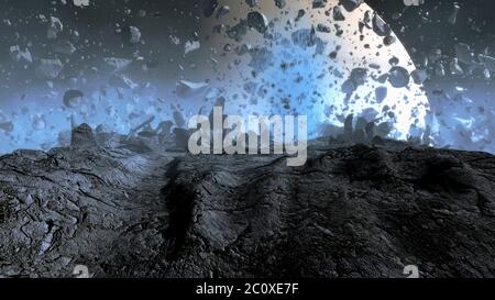 Cette image montre la rupture d'une petite lune due au champ gravitationnel de sa planète mère géante, vu de la surface du satellite. C'est une théorie pour l'origine des anneaux de Saturne. Si une lune est assez proche d'une planète, la force de gravité de la planète peut être plus forte que les forces gravitationnelles et de traction qui maintiennent la lune ensemble. La distance à laquelle cela se produit est appelée la limite de Roche. Les lunes plus proches de la limite de Roche se briseront, formant potentiellement un système de couronne. Banque D'Images