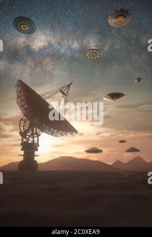 Invasion extraterrestre, illustration. Essaim d'objets volants non identifiés (OVNIS) sur une parabole satellite. Banque D'Images