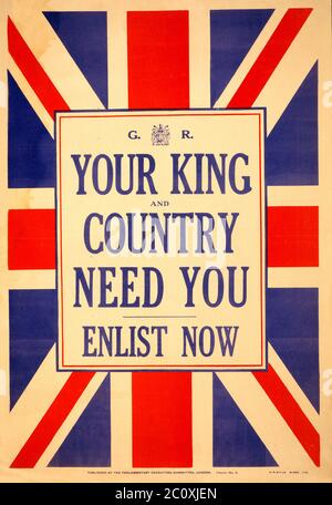 « votre roi et votre pays ont besoin de vous. Enlist Now', British War Poster, publié par le Comité de recrutement parlementaire, Lithographie par H.T. Et Co., 1914 Banque D'Images