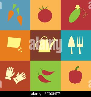 Illustration colorée de style rétro vectoriel des outils et légumes de jardinage. Format carré. Illustration de Vecteur