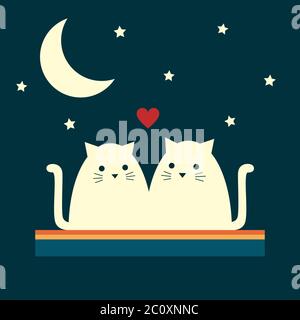 Illustration de style rétro Vector de quelques chats blancs assis sous le ciel étoilé. Format carré, fond sombre. Illustration de Vecteur