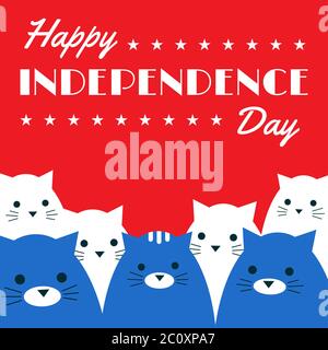 Conception vectorielle. Bannière carrée. Texte "Joyeux jour de l'indépendance". Un groupe de sept chats bleus et blancs sur fond rouge. Illustration de style plat. Banque D'Images