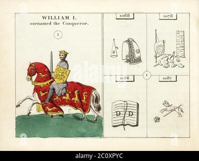 Portrait du roi Guillaume I d'Angleterre, avec emblèmes. William le Conquérant est montré en armure de chainmail sur un cheval avec des armoiries de caparison. Les emblèmes indiquent son COUVRE-feu DE 20H, la construction de la Tour de Londres, le Livre de Domesday et la mort en chute d'un cheval en 1087. Gravure en acier à la main, d'après une illustration de Mary Ann Rundall d'UNE histoire symbolique de l'Angleterre, des débuts au règne de William IV, J.H. Truchy, Paris, 1839. Mary Ann Rundall était enseignante de jeunes femmes à Bath et publia son livre d'emblèmes mnémoniques en 1815. Banque D'Images