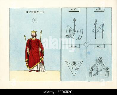 Portrait du roi Henri III d'Angleterre. Avec couronne, sceptiques et manteau. Les emblèmes indiquent le piétinement de la Magna Carta, la défaite du Prince Edward, la Constitution britannique, et le poignarder à mort en Terre Sainte. Gravure en acier à la main, d'après une illustration de Mary Ann Rundall d'UNE histoire symbolique de l'Angleterre, des débuts au règne de William IV, J.H. Truchy, Paris, 1839. Mary Ann Rundall était enseignante de jeunes femmes à Bath et publia son livre d'emblèmes mnémoniques en 1815. Banque D'Images