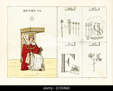 Portrait du roi Henri VI d'Angleterre, Henry de Windsor. Assis sur un trône sous une verrière, avec couronne, manteau d'hermine, sécleur et orbe. Les emblèmes indiquent que Jeanne d'Arc a présenté au Dauphin, mort de Jeanne d'Arc, anglais expulsé de France, couronnement du roi Édouard IV Gravure en acier à la main, d'après une illustration de Mary Ann Rundall d'UNE histoire symbolique de l'Angleterre, des débuts au règne de William IV, J.H. Truchy, Paris, 1839. Mary Ann Rundall était enseignante de jeunes femmes à Bath et publia son livre d'emblèmes mnémoniques en 1815. Banque D'Images