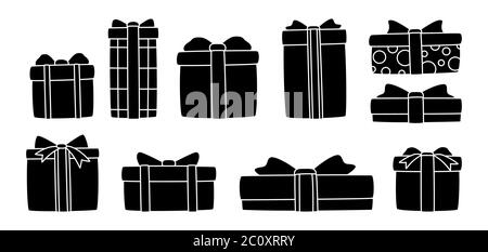 Coffret de présentation ensemble de silhouette plate. Boîte de fête d'anniversaire de dessin animé de formes différentes avec noeud de ruban. Noir glyphe vacances mignon cadeaux traditionnels. Collection de motifs Noël ou nouvel an. Illustration vectorielle Illustration de Vecteur