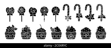 Ensemble de friandises de Noël, bonbons et petits gâteaux. De savoureuses friandises de dessin animé plates de glyphe noir de vacances. Caramel de canne à Lollipop, crème à gâteau au sucre. Nouvelle année, cuisine, décoration houx. Illustration vectorielle isolée Illustration de Vecteur