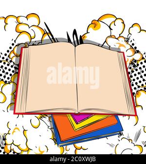 Gros plan illustration d'un manuel ouvert avec des pages vierges, placé sur d'autres livres fermés - style de bande dessinée, dessin animé vectoriel illustré. Illustration de Vecteur