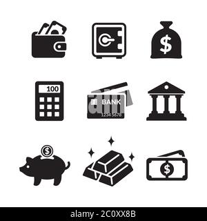 Un ensemble d'icônes d'activité bancaire et économique. Carte de crédit, argent, calculatrice et plus encore. Jeu d'icônes simples de financement bancaire à plat. Illustration de Vecteur