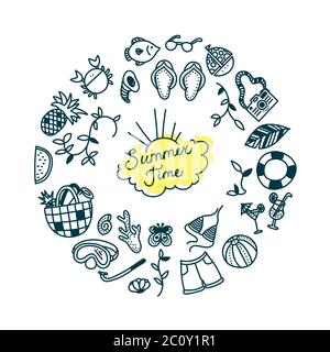 Ensemble de nouilles estival à imprimé rond. Sports nautiques, détente et objets de vacances tropicaux. Illustration vectorielle Illustration de Vecteur