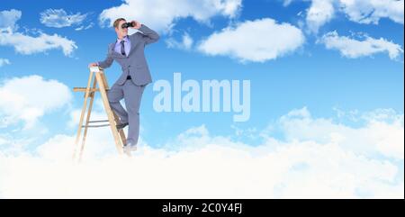 Image composite de businessman looking through binoculars while standing on ladder Banque D'Images