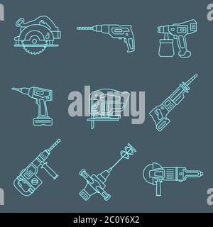 contour clair maison remodel icônes outils électriques sur foncé Banque D'Images