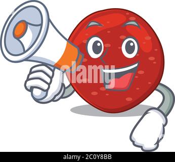 Mascotte design de peperoni annonçant de nouveaux produits sur un mégaphone Illustration de Vecteur