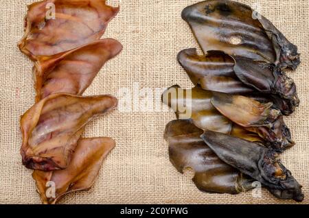 Un groupe d'oreilles de porc et de boeuf séchées sur le burlap. Gâteries à mâcher naturelles pour chiens. Production et commerce de produits pour animaux de compagnie. Vue de dessus. Copier l'espace. Banque D'Images