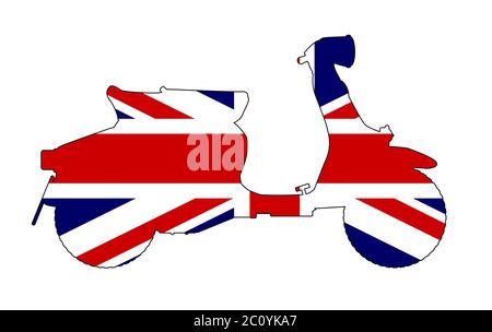 Un scooter type de type 1960 décrit Union Jack sur un fond blanc Illustration de Vecteur