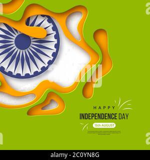 Arrière-plan de vacances de jour d'indépendance indienne. Formes découpées en papier avec ombre, roue 3d et effet demi-ton en tricolore traditionnel de drapeau indien Illustration de Vecteur