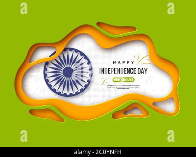 Arrière-plan de vacances de jour d'indépendance indienne. Formes découpées en papier avec ombre, roue 3d et effet demi-ton en tricolore traditionnel de drapeau indien Illustration de Vecteur