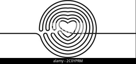 Dessin continu de cercle transformé en coeur, vecteur noir et blanc illustration minimaliste de l'amour concept fait d'une ligne Illustration de Vecteur