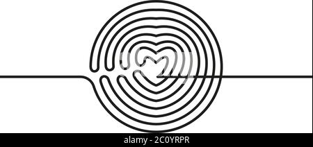 Dessin continu de cercle transformé en coeur, vecteur noir et blanc illustration minimaliste de l'amour concept fait d'une ligne Illustration de Vecteur
