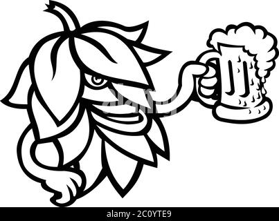 Mascotte illustration noire et blanche d'une bière houblon, fleur ou cônes de graines ou strobiles de l'usine de houblon buvant une tasse d'ALE vue de côté sur isol Illustration de Vecteur