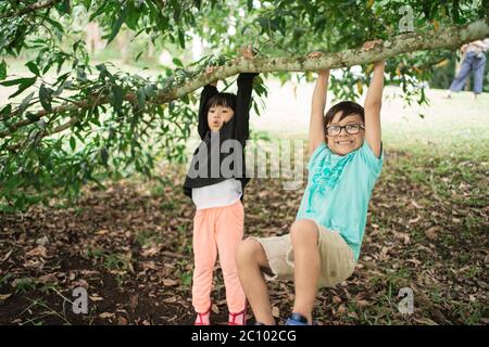 les petits garçons et les filles aiment balancer les branches d'arbre tout en jouant ensemble dans le jardin Banque D'Images