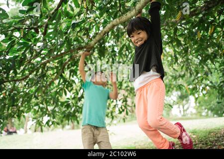 la petite fille a essayé de balancer sa main en tenant une branche d'arbre tout en jouant avec son frère Banque D'Images